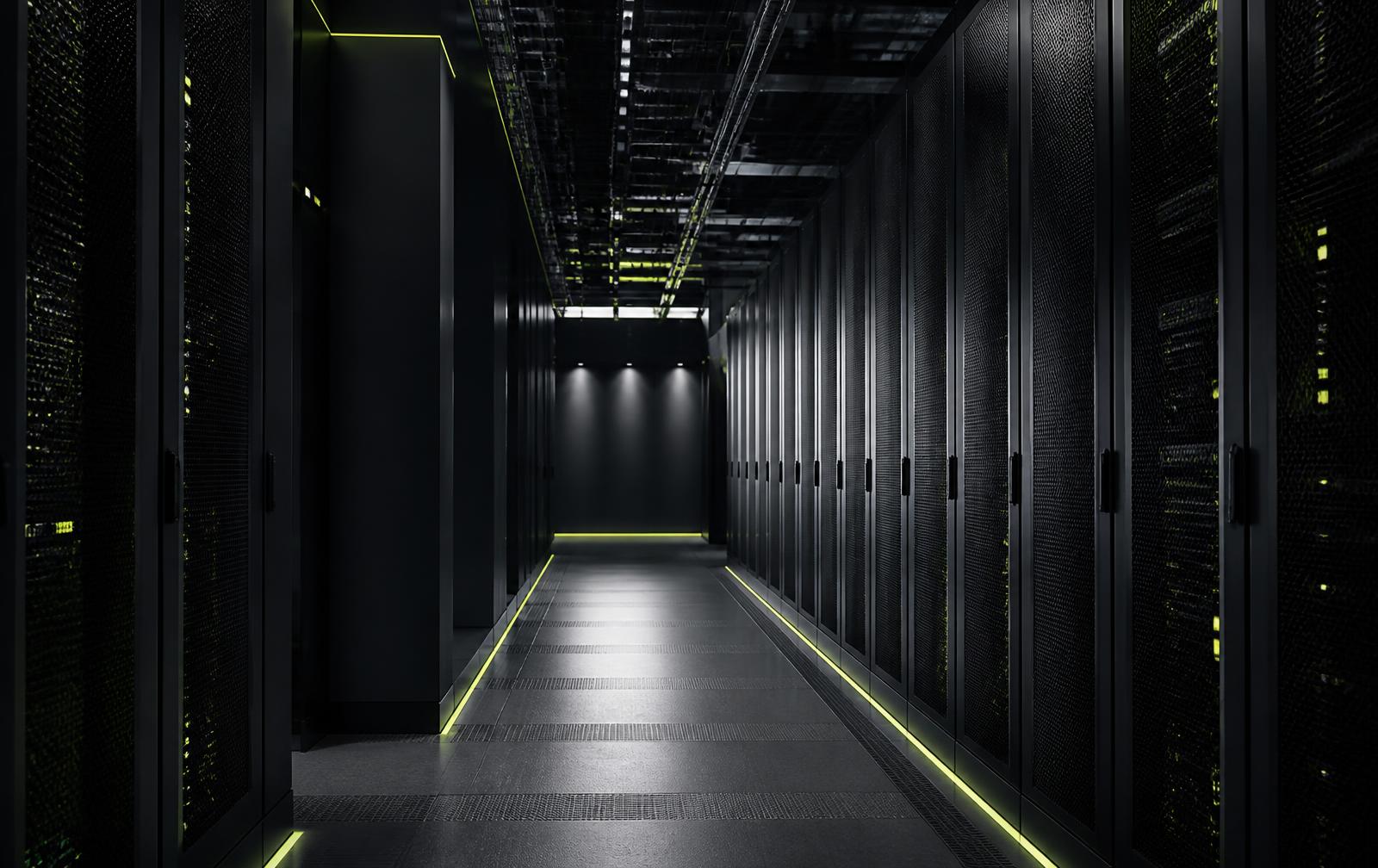 Dark server room corridor with rows of network racks lit by narrow green light strips