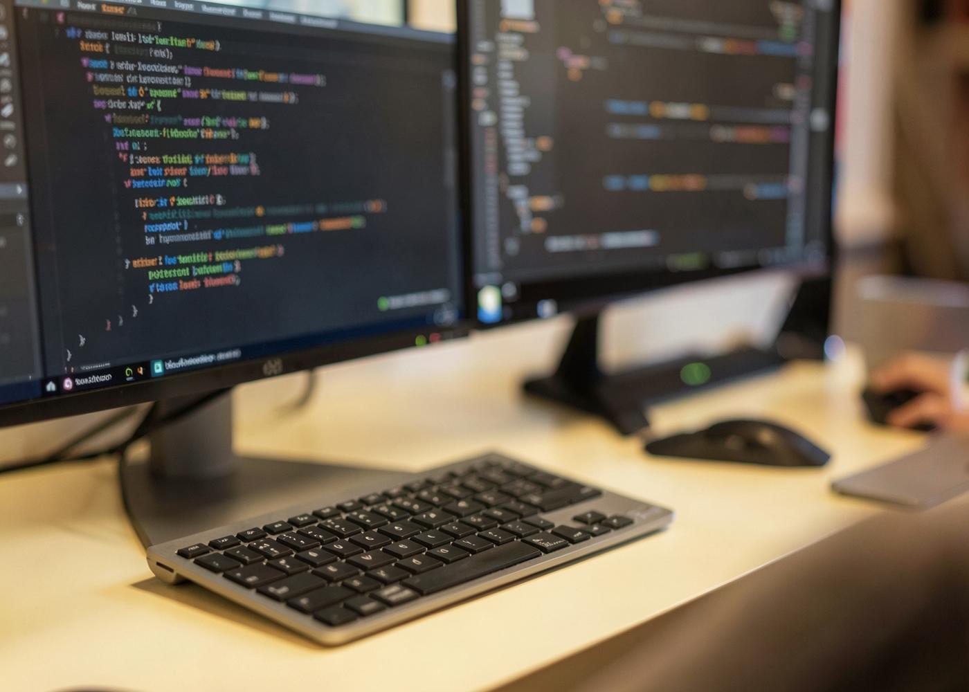 Developer workstation with two monitors displaying source code on a light desk